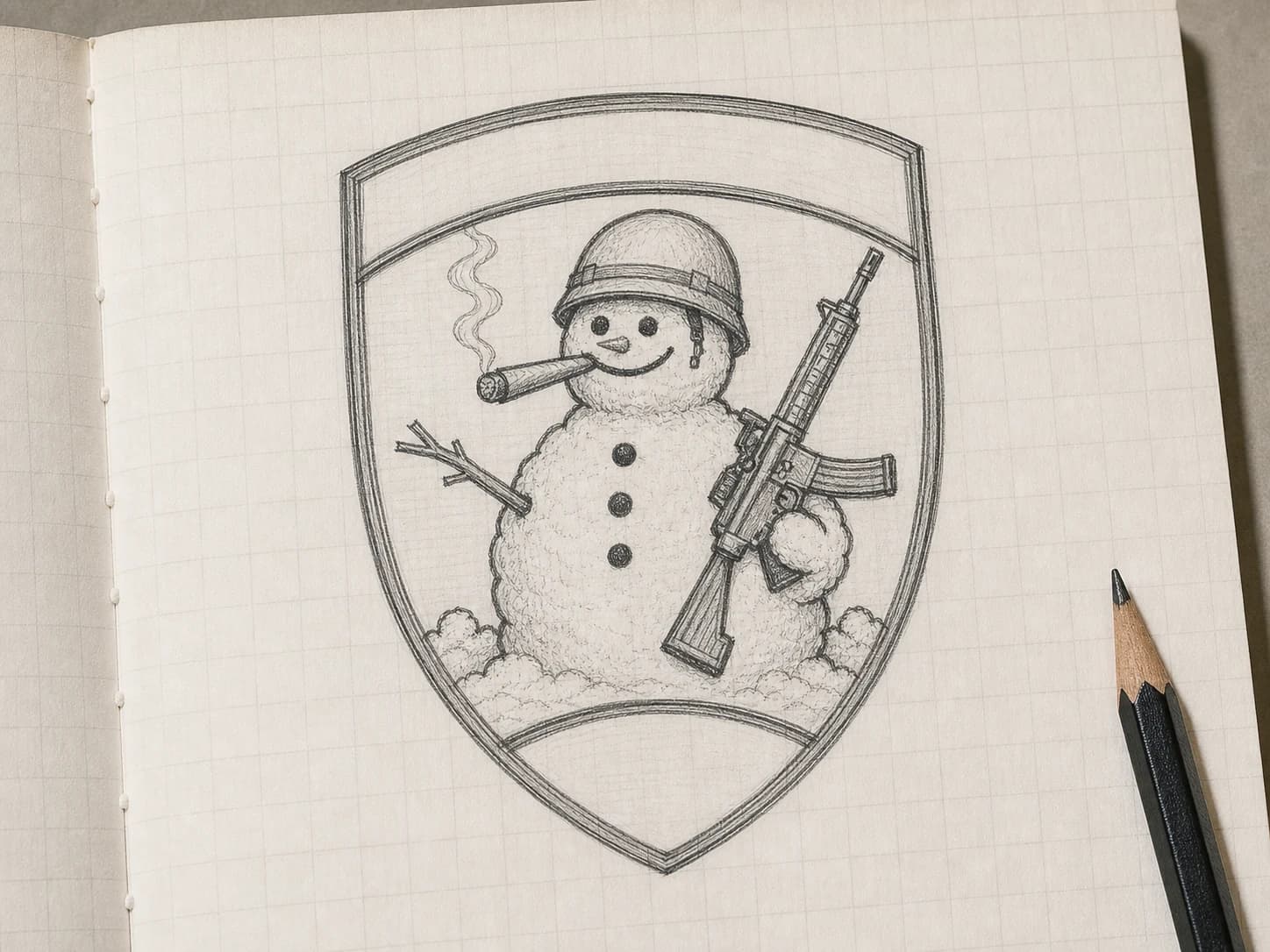 Handgezeichnete Skizze eines Snow Trooper Badge auf kariertem Papier